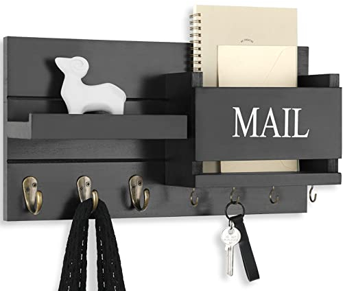 Lwenki Organizador de correo para montaje en pared, llavero con estante, incluye soporte para cartas y ganchos para decoración de pasillo y granja, madera rústica con accesorios de montaje empotrado