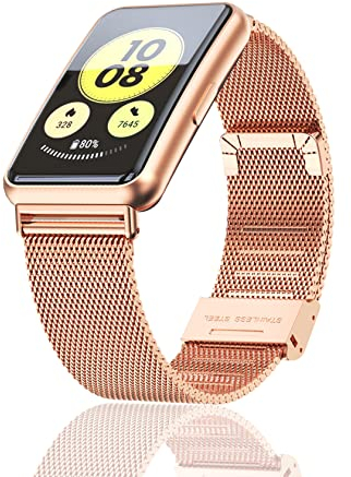 ToVioc Armband Kompatibel mit Huawei Watch Fit, Mesh Gewebte Edelstahl Metall Uhrenarmband Ersatzband für Huawei Watch Fit New/Elegant - Roségold