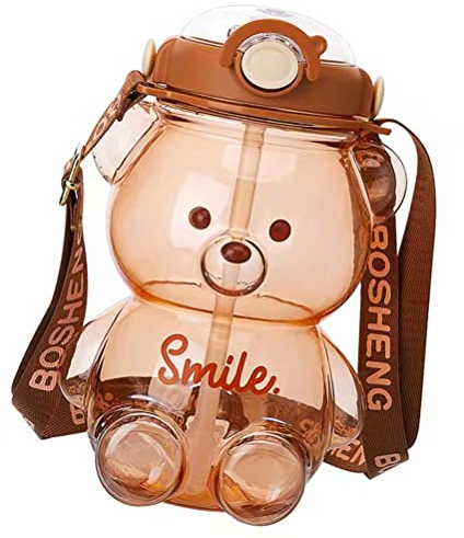 Hiraith Kawaii Gourde en paille d'ours portable 1000/1400 ml avec paille et boucle de transport Bandoulière réglable pour les voyages en extérieur