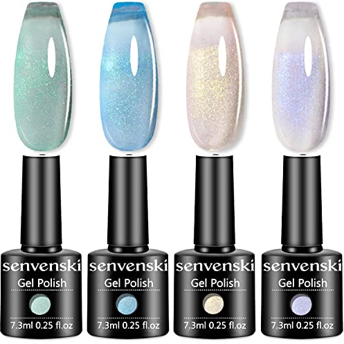 Senvenski Pearl Jelly Gel Nail Polish Kit - Translucent Colors with Milky Sheer Pearl Finish Glass Green Blue Pink Purple Glitter | Vegan UV/LED Nail Art Kit Gift for Women Manicure Salon DIY(CS017)