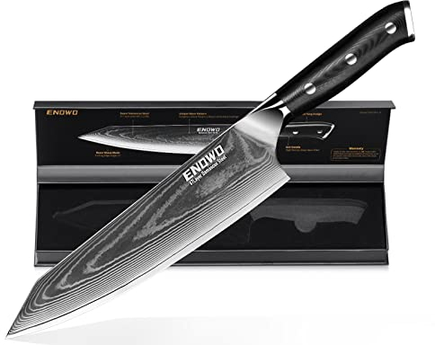 enowo Cuchillo Chef Damasco 8,Cuchillo de cocina con acero inoxidable VG-10, cuchillo japonés Kiritsuke con mango ergonómico G10 Full Tang, caja de regalo de lujo