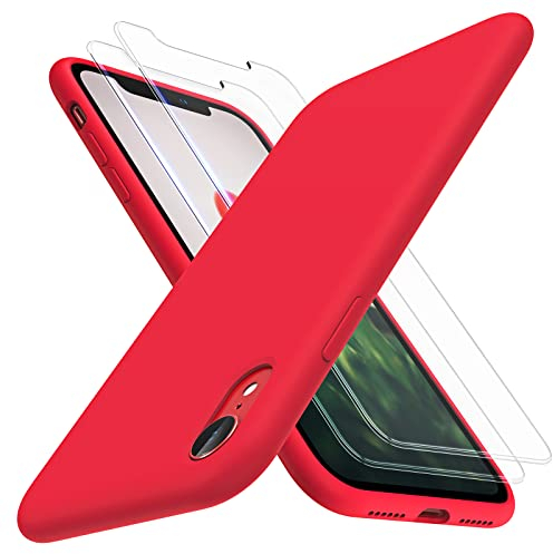 TOCOL 3 in 1 for iPhone XR Case, with 2 Pack Tempered Glass Screen Protector, Liquid Silicone Slim Shockproof Cover [Anti-Scatch] [Drop Protection] iPhone XR Phone Cases 6.1 Inch, Red