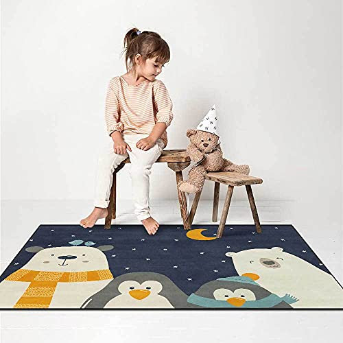 Tappeti Design rutschfest Kinderteppich Cartoon White Bear Pinguin Blau und Gelb, |Waschbar und ungiftig mit|-60x90cm