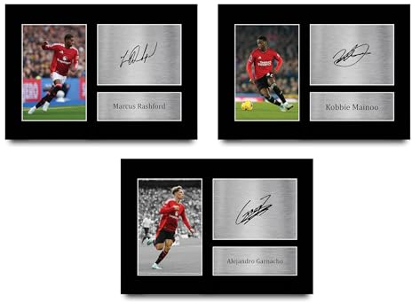 HWC Trading Garnacho, Mainoo & Rashford Geschenke Gedrucktes Signiertes Autogramm Foto für Fußball Anhänger and Fans - A4