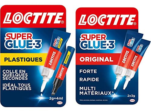 Loctite Super Glue-3 Spécial plastiques, colle forte pour tout plastique, tube de colle 2 g et stylo activateur 4 ml & Loctite Super Glue-3 Original, colle forte et résistante, 2 tubes 3 g