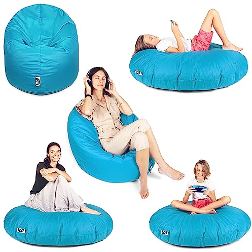 PATCH HOME Sitzsack 2 in 1 Sitzkissen Bodenkissen für Erwachsene & Kinder - Gaming mit Füllung Kissen Sessel BeanBag (Aqua, Ø 155cm)