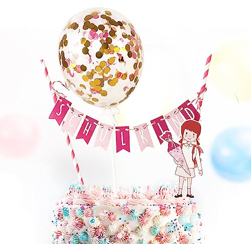 COLOFALLA Tortendeko Einschulung Mädchen Cake Topper Schulkind Girlande+Luftballon-Motiv Schulanfang Cupcake Torten Topper Schuleinführung Party Deko Kuchendeko für Junge Mädchen (Rosa)