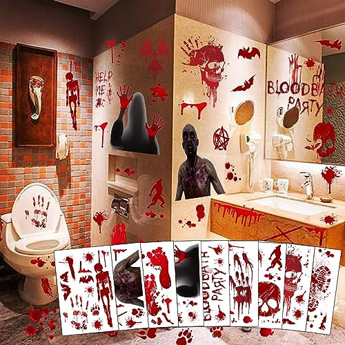 MSQ Halloween Blutige Fensteraufkleber Halloween Deko 9 Blätter Halloween Horror Aufkleber Bloody Handprints Fußabdrücke Aufkleber Halloween Deko Fenster Sticker