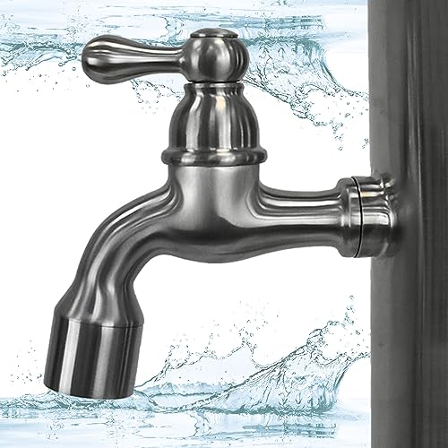 Wasserfranz Wasserhahn aus Edelstahl, Wasserhahn Garten, Wasserhahn Wandmontage für außen und innen 105 mm, 3/4 Zoll Wasserhahn passend für Wassergartensäule, Design Auslaufhahn, Gartenwasserhahn