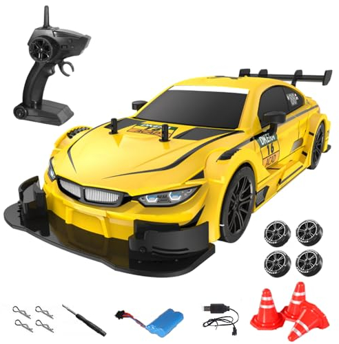 Goolsky Ferngesteuertes Auto 40KM/H RC Drift Car 1/16 4WD 2,4GHz Stufenlos Variable Geschwindigkeit RC Auto Scheinwerfer Austauschbare Drift- und Rennreifen Kindergeschenk für Kinder Erwachsene Gelb