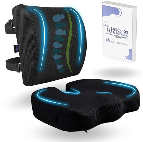 Fisiopibu Pack Cojin Silla Oficina + Cojin Lumbar + Regalo PDF de Ejercicios|Cojín para Coxis|Respaldo Lumbar Silla Oficina|Cojin Antiescaras|Ortopedico|Viscoelastico|Gaming|Funda Lavable a máquina
