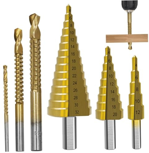 Schritt Drill Bit Drill Bits Bohrer Bitschonitzerkegel Cutter Stufe Bohrmaschine 6pcs Titanium Stufe Drill Bit Set 29 Größen 4-32-mm-Bohrer-Bits für Metallblech mit Gehäuse-Step-up-Bits für DIY-Liebh