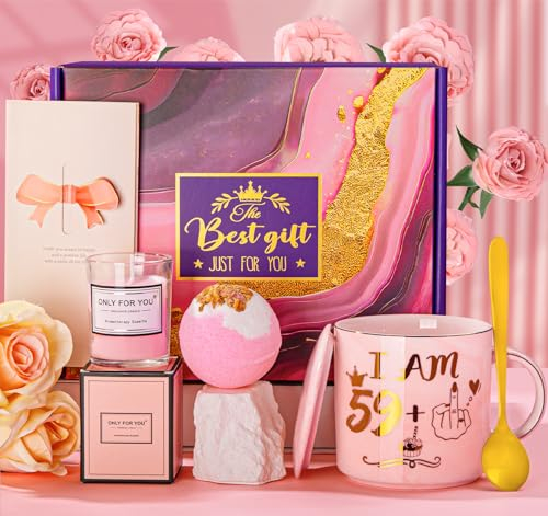 Biching 60 Geburtstag Frau, Lustige Geschenke zum 60. Geburtstag Geschenkset für Mama, Ehefrau, Freundin, 400ml Kaffeetasse mit Golddruck, Rose Duftkerze, Rose Badebombe, Geschenkbox mit Grußkarte