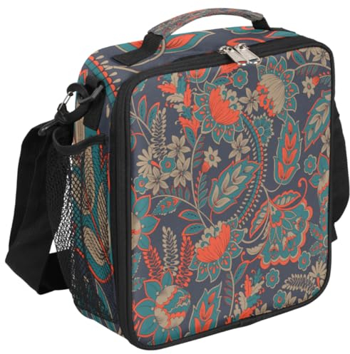 GeMeFv Lonchera vintage con flores tribales para mujeres y hombres, lonchera pequeña reutilizable con correa ajustable para el hombro (hojas étnicas)