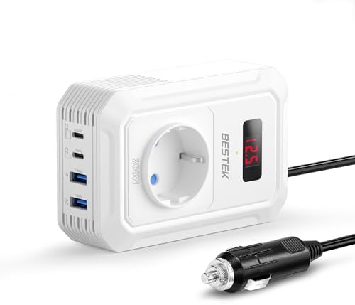 BESTEK 200 W Spannungswandler 12 V auf 240 V 230 V AC Auto-Wechselrichter, mit 3-pin Steckdosen, 2 18-W USB und 2 USB-C Anschlüssen Zigarettenanzünderstecker, von Laptops, iPhones, und mehr, Weiß