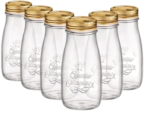 Bormioli Rocco 6X 400ml Quattro Stagioni Glasflaschen mit Schraubdeckel - Klar Wiederverwendbar Saft Wasser Smoothie Getränk Kühlschrank Lagerbehälter