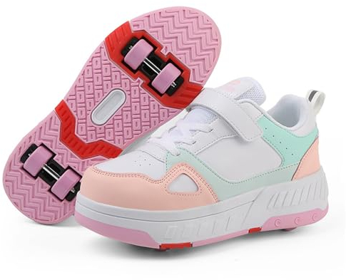 Mateju Jungen Mädchen Schuhe mit 4 Rollen Skateboardschuhe Rollschuhe für Kinder Erwachsene mit Rollen Verstellbar 2-in-1 Multifunktion Outdoor Turnschuhe Sneakers Sportschuhe
