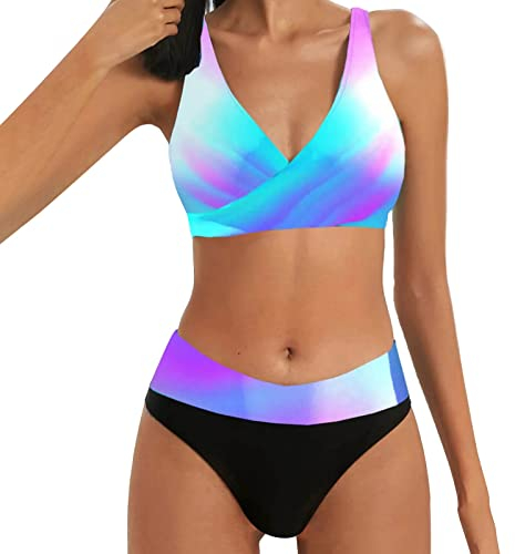 Generisch Damen Bikini Set U Ausschnitt High Waist Batik Regenbogen Tank Bikini Bademode Strukturiert Zweiteiliger Badeanzug Swimsuit Badeshorts Damen Mit Oberteil Triangel Bikini Damen Push Up