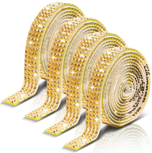 Ymapinc 4 Rollen Strassband Gold Selbstklebend Rhinestone Band Kristall Glitzerband 4 Reihen Pro Rolle Diamantband für DIY Kunsthandwerk Hochzeit Geburtstag Deko(0,9cmX90cm)