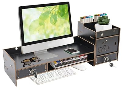 RjcdOPL Support pour Écran d'Ordinateur en Bois, Rehausseur de Moniteur avec Rangement et Tiroirs, Organisateur de Bureau pour Moniteur, Dossiers, Cahiers, Z05-S (Noir)