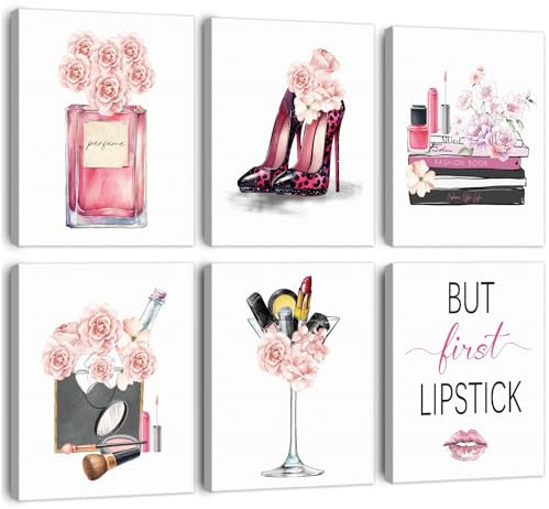 ANHUIB Moderne Frauen Poster Rosa High Heels Wandkunst Mädchen Schlafzimmer Leinwand Kunst Fashion Poster Set 6 Wanddeko für Wohnzimmer Make Up Wall Art Bilder Teenager Mädchen Zimmer Deko 20×25cm