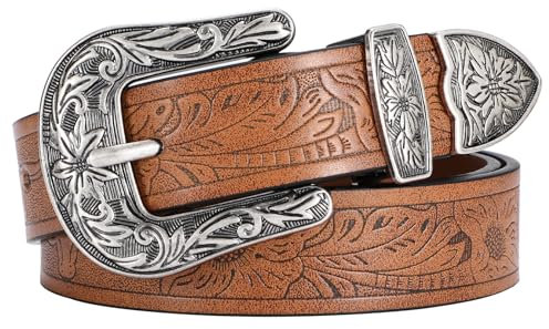 VONMELLI Western Gürtel Damen, Damen Cowgirl Ledergürtel für Hosen Jeans Taillengürtel mit Vintage Floral Carved Design Plus Größe S-XXXL Braun Passform Taillenumfang 69-80cm