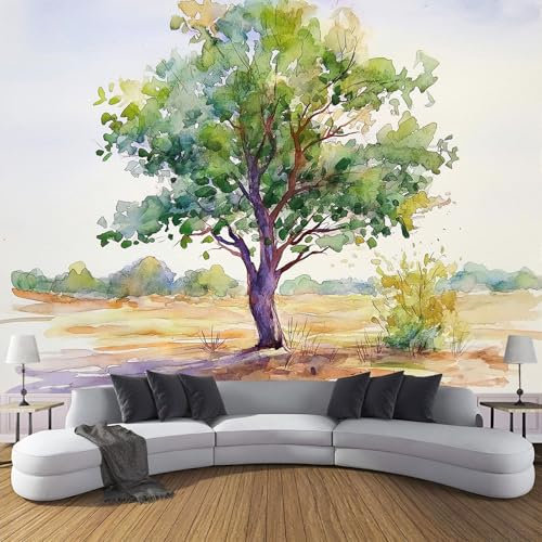 3D Fototapete Aquarell Tapete, Feld Bäume Panorama-Tapete Für Wohnzimmer, Schlafzimmer, Kinderzimmer, Wanddekoration (250X175Cm (B×H)), Moderne Art Wandtapete