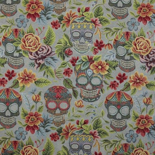Kt KILOtela - Polsterstoff, Jacquard Gobelin, zum Polstern von Stühlen, Kissen, Kopfteil, Sofa, Taschen, abriebfest, Breite 280 cm, wählbare Länge von 50 in 50 cm, Totenkopf, Catrinas, Grau, Blau