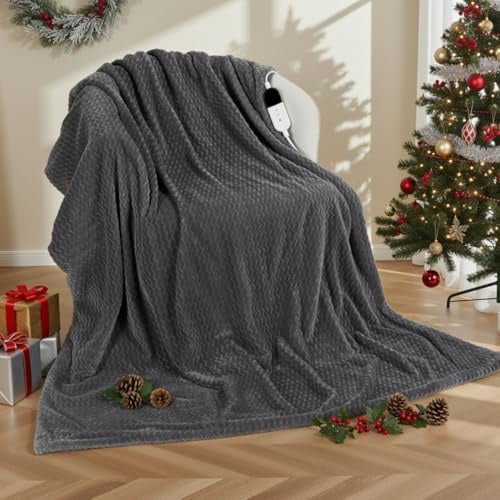 CURECURE Wärmedecke elektrisch 130x180cm, Wellenmuster-Flanell-Heizdecke mit 6 Heizstufen & 1-10h Auto-Off, waschbare Kuscheldecke für Sofa Bett Büro (Grau)