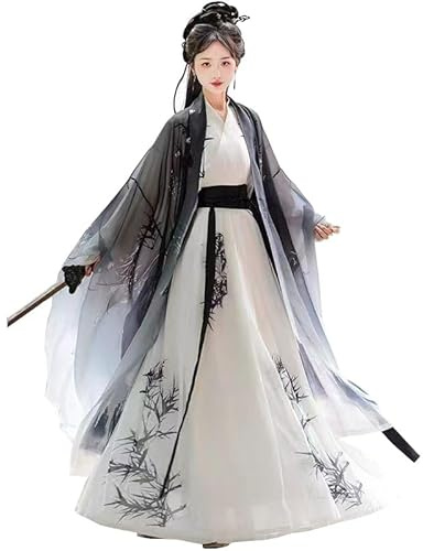Uplateng Costume Hanfu en Bambou Noir et Blanc pour Femme, Robe Traditionnelle Chinoise, Princesse Orientale, fée, Cosplay, Robe Hanfu de fête (White,Grand)