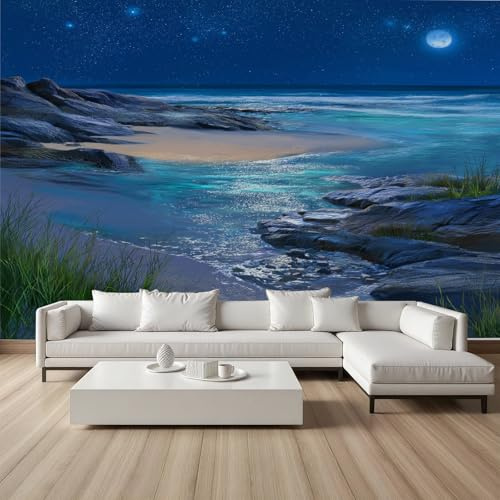 Vliestapete Maritim Strand Meerwasser Fototapete Marine Sternenhimmel Landschaft Tapeten 3D Effekt Wandtapete Vlies Tapete Wohnzimmer Panorama Wandbilder Kinderzimmer 350x256 cm