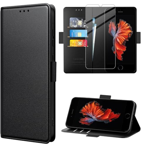 caslord Hülle für iPhone SE3(2022)/SE2(2020)/8/7/6s, Premium PU Leder Handyhülle, RFID-Blockierung Klapphülle [Mit 1 Stück Panzer Schutz Glas] Kompatibel mit iPhone SE3(2022)/SE2(2020)/8/7/6s-Schwarz