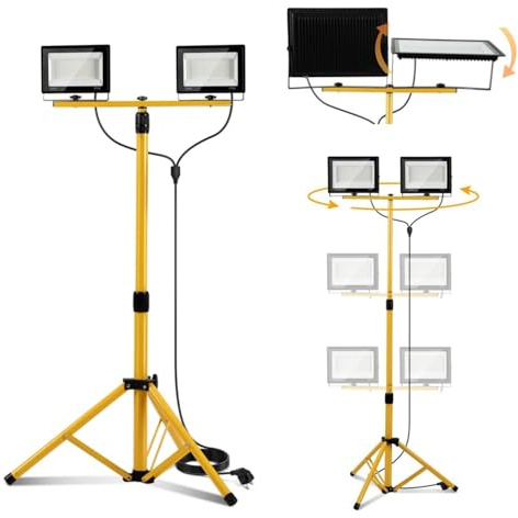 ISOISL LED Baustrahler mit Stativ, 50 W, 5000 lm, 160 cm, 2 Leuchten | 2 LED-Strahler, 6500K Kaltweiß, 3 m Kabel mit Stecker, 110° Abstrahlwinkel, IP66 für Garage, Werkstatt und Renovierung