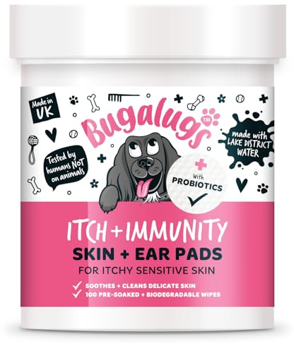 BUGALUGS Itch & Immunity Sensitive Skin Pads - 100 Biodegradable dog grooming pet wipes. Use as Dog ear and skin wipes