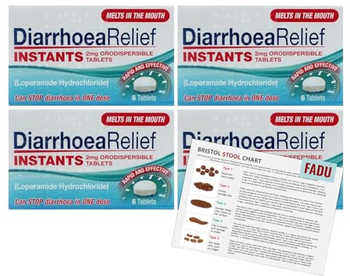 Instant Anti Diarrhea Tablets for Adults - 4 x 6s (24) Bundle with a Fadu Colour Stool Chart