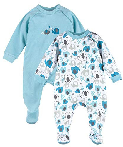 Bornino Basics - Schlafoverall Set 2er-Pack blau - für Babies - seitlicher Reißverschluss Einteiler - Allover Elefanten-Print - Reine Baumwolle - Größe 62