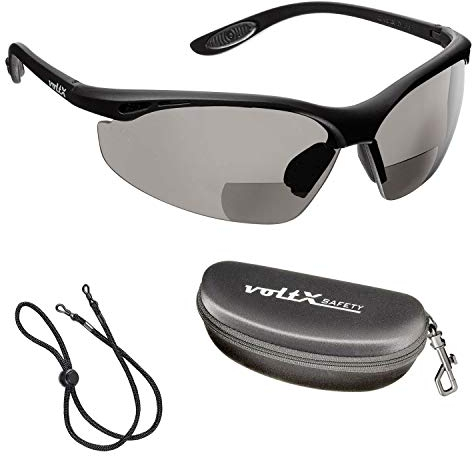 voltX 'CONSTRUCTOR' BIFOCAL Reading Safety Glasses (SMOKE/GRAY +2.0 Dioptre) UKCA & CE EN166F certified/Cycling Sports Glasses includes safety cord + Rigid Safety Case + UV400 anti fog coated lens