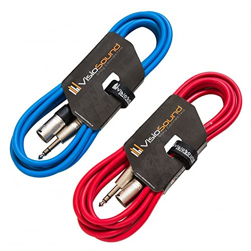Male XLR to 6.35mm Stereo TRS Jack Lead Audio Cable 2 Pack 3m Blue/Red | 2 x Noiseless OFC Balanced Signal, Audio, Speaker, Patch Cable / 4 Colours