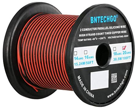 BNTECHGO 20 Gauge Flexible 2 Conductor Parallel Silicone Wire Spool Red Black High Resistant 200 deg C 600V for Single Color LED Strip Extension Cable Cord,model,100ft Stranded Tinned Copper Wire