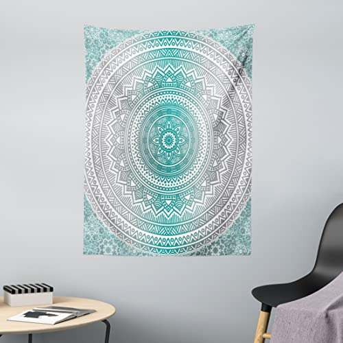 ABAKUHAUS Mandala Wandteppich, Boho Meditation Art Work aus Weiches Mikrofaser Stoff Waschbar ohne Verblassen Digitaldruck, 110 x 150 cm, Grau Türkis