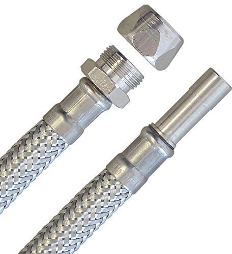 Panzerschlauch 10mm Quetsch x 10mm Rohrstutzen, Flexschlauch für Sanitär mit Trinkwasserzulassung, DN08, Edelstahl, Länge 15 cm, Made in Germany