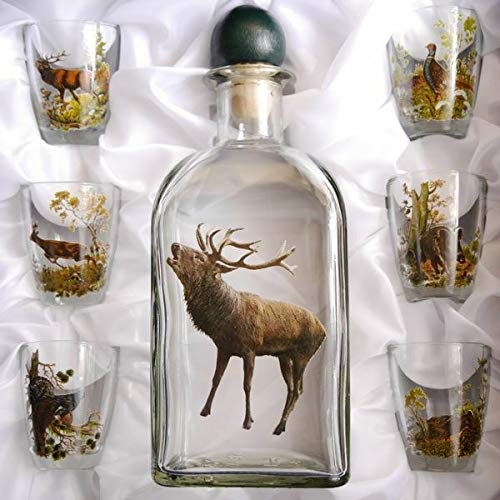 GTK - Geweihe & Trophäen KRUMHOLZ Juego de 7 vasos de chupito + jarra con decoración de caza de ciervos, multicolor