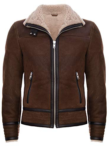 Infinity Leather Herren Braun Bräunen Pilot Echtes Schaffell Lammfell Motorradfahrer Lederjacke L