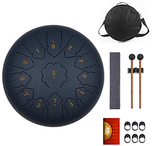 KUD Tongue Drum, 12 Zoll 13 Tone C-Dur Zungentrommel Schlagzeug Instrument, Steel Pan Töne Schlaginstrument Hand Pan Drum mit Trommelschlägeln Tragetasche Note Sticks für Meditation Yoga Klangheilung