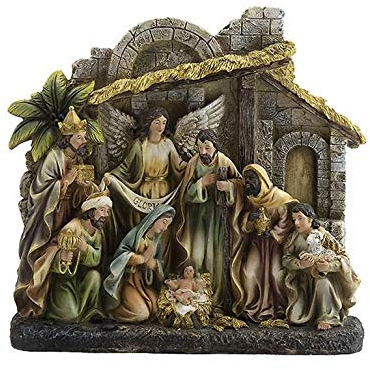 DRW Klassische Weihnachtskrippe mit Palme und König aus Kunstharz, 28 cm