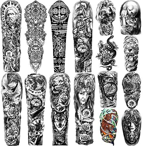 Tatuaggi Temporanei Braccio Completo 8 fogli e Metà Braccio Tatuaggi finti 8 Fogli, Adesivi per Tatuaggi Impermeabili Extra Large per uomini e Donne o Adulti (58 x 18 cm)