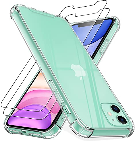 4youquality Case for iPhone 11 Case with [2-Pack Tempered Glass Screen Protectors], Advanced Airbag Drop Protection, Shockproof Transparent Clear Bumper Phone Cover, Anti-Scratch