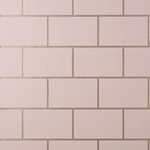 Metro Tile Wallpaper Rose Gold Pink Metallic Textured Vinyl Glitter