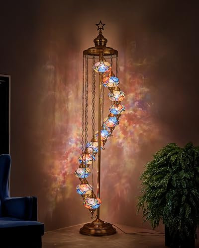 DEMMEX Lampadaire turc à 11 globes, 2,1 m de haut, lampadaire turc en mosaïque marocaine, lampe sur pied de style Tiffany pour chambre à coucher et salon, éclairage décoratif fait à la main, harmonie