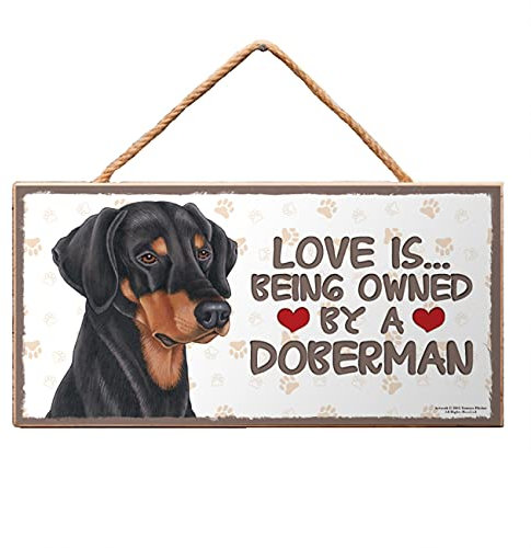 DOBERMANN - Warnschild. Haustierschild mit Spruch in englischer Sprache. Aus Holz mit Kordel. Als Tür, Torschild, Wanddekoration geeignet. Holztafel/Hausschild. Geschenk für jeden Hundebesitzer.